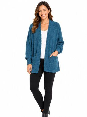 Merokeety Teal Oversized Lagenlook Popcorn Knit Open Front Cardigan